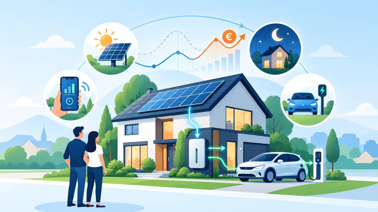 Woning met zonnepanelen, thuisbatterij en laadpaal die zonnestroom van overdag 's avonds gebruikt