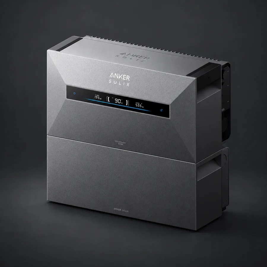 Anker SOLIX Solarbank Max AC thuisbatterij op een donkere achtergrond