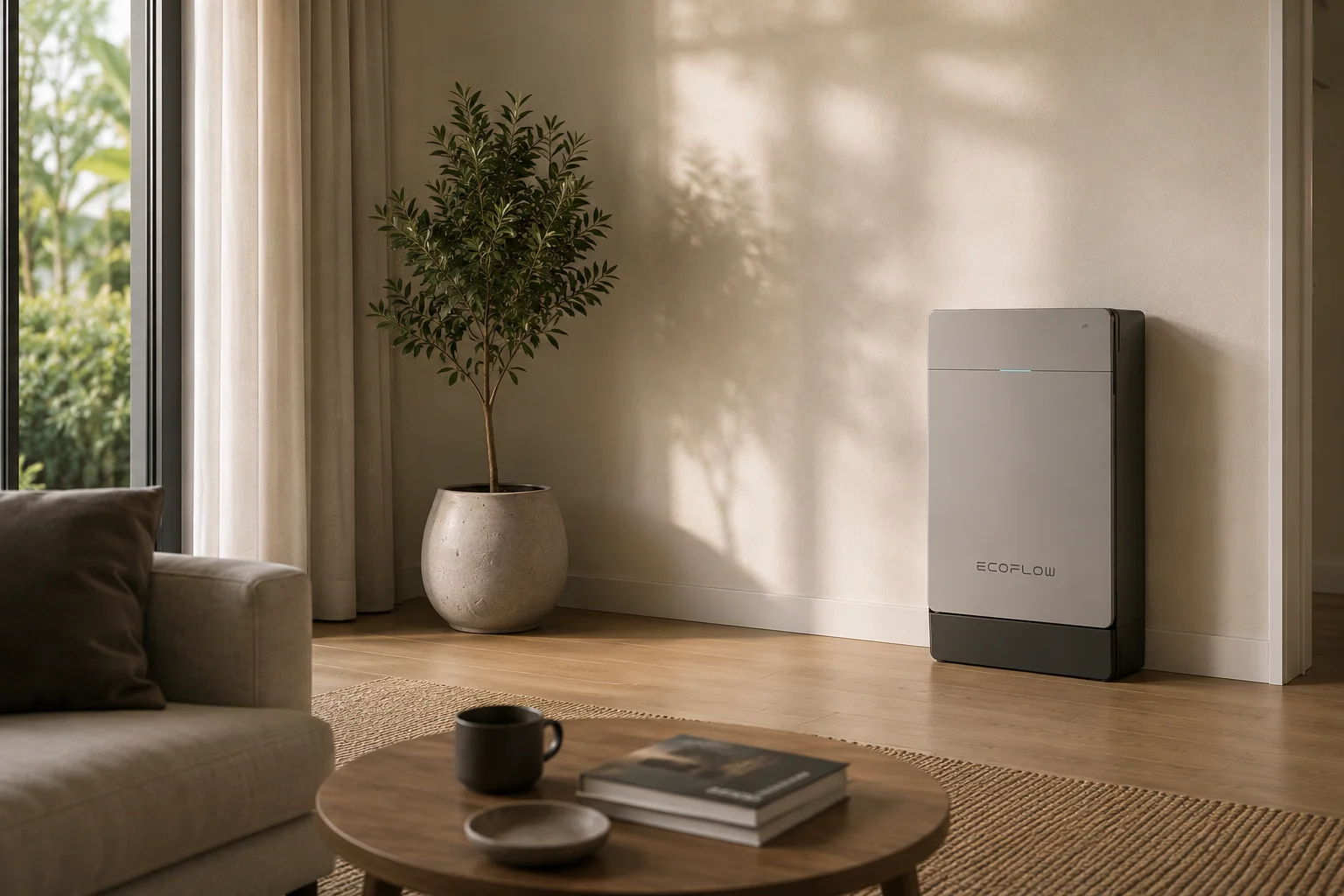 Thuisbatterij in een lichte woonkamer geïnstalleerd door Donck Elektrotechniek