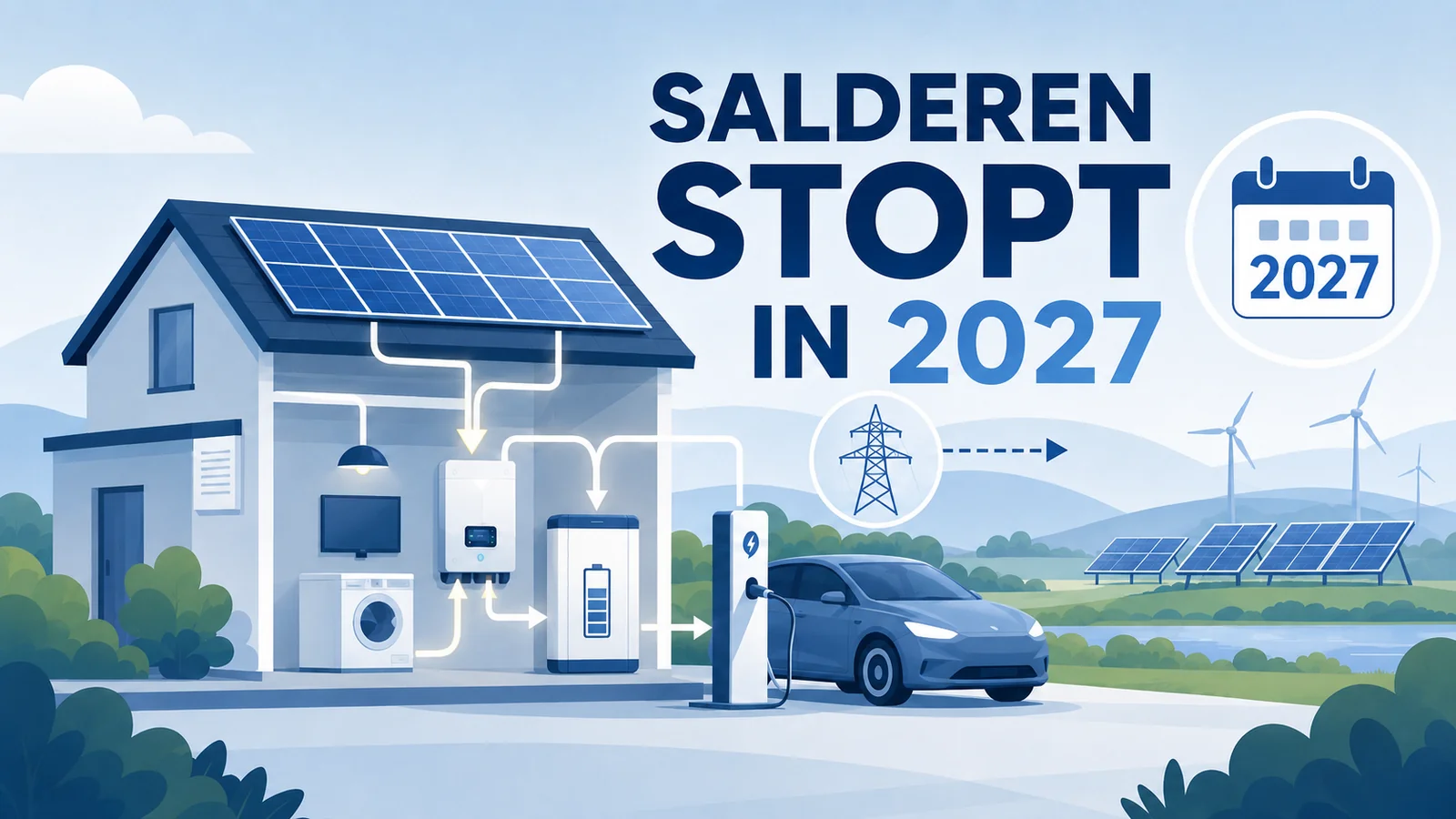 Woning met zonnepanelen, omvormer, thuisbatterij en laadpaal met elektrische auto — salderingsregeling stopt in 2027