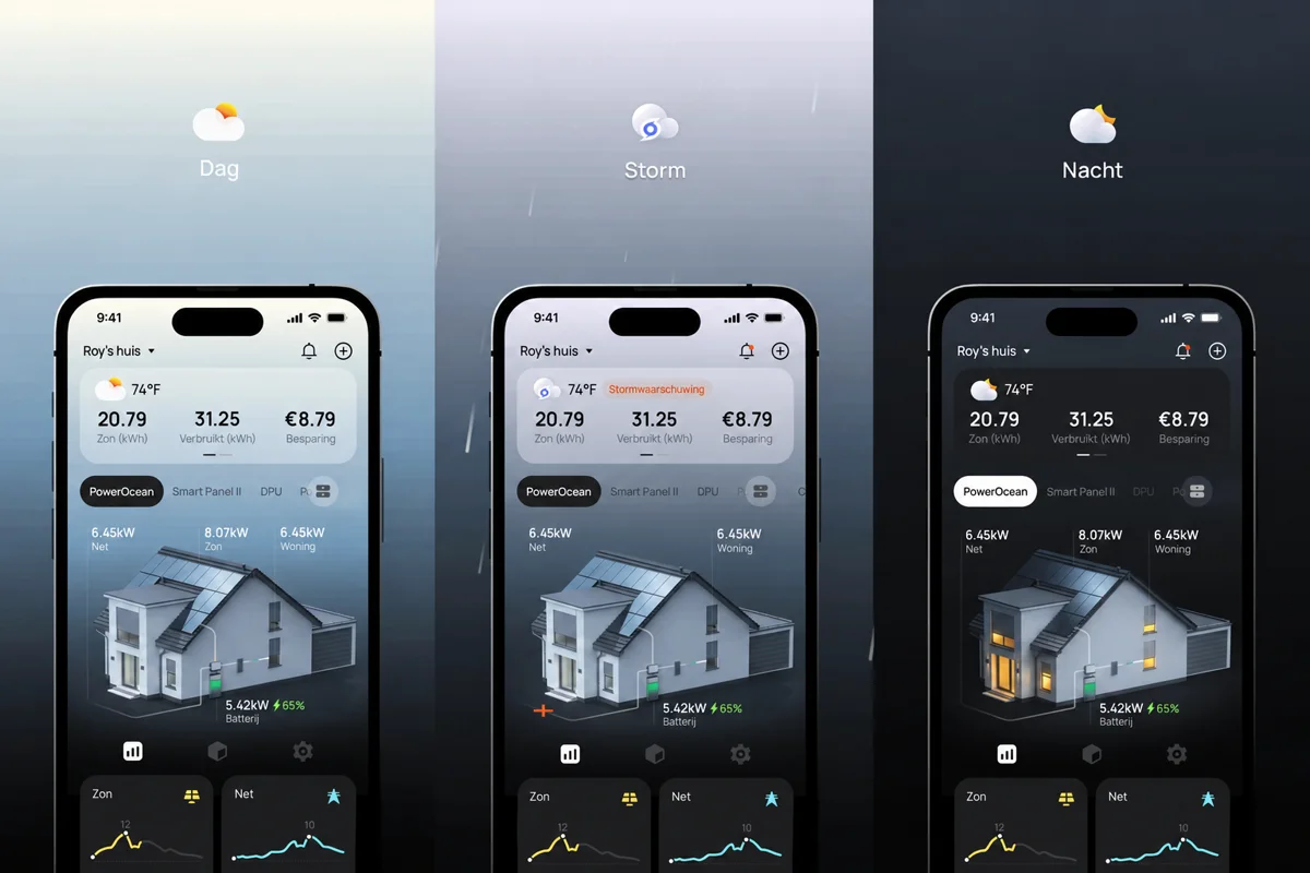 EcoFlow OASIS past energiebeheer aan op verschillende situaties: dag, storm en nacht