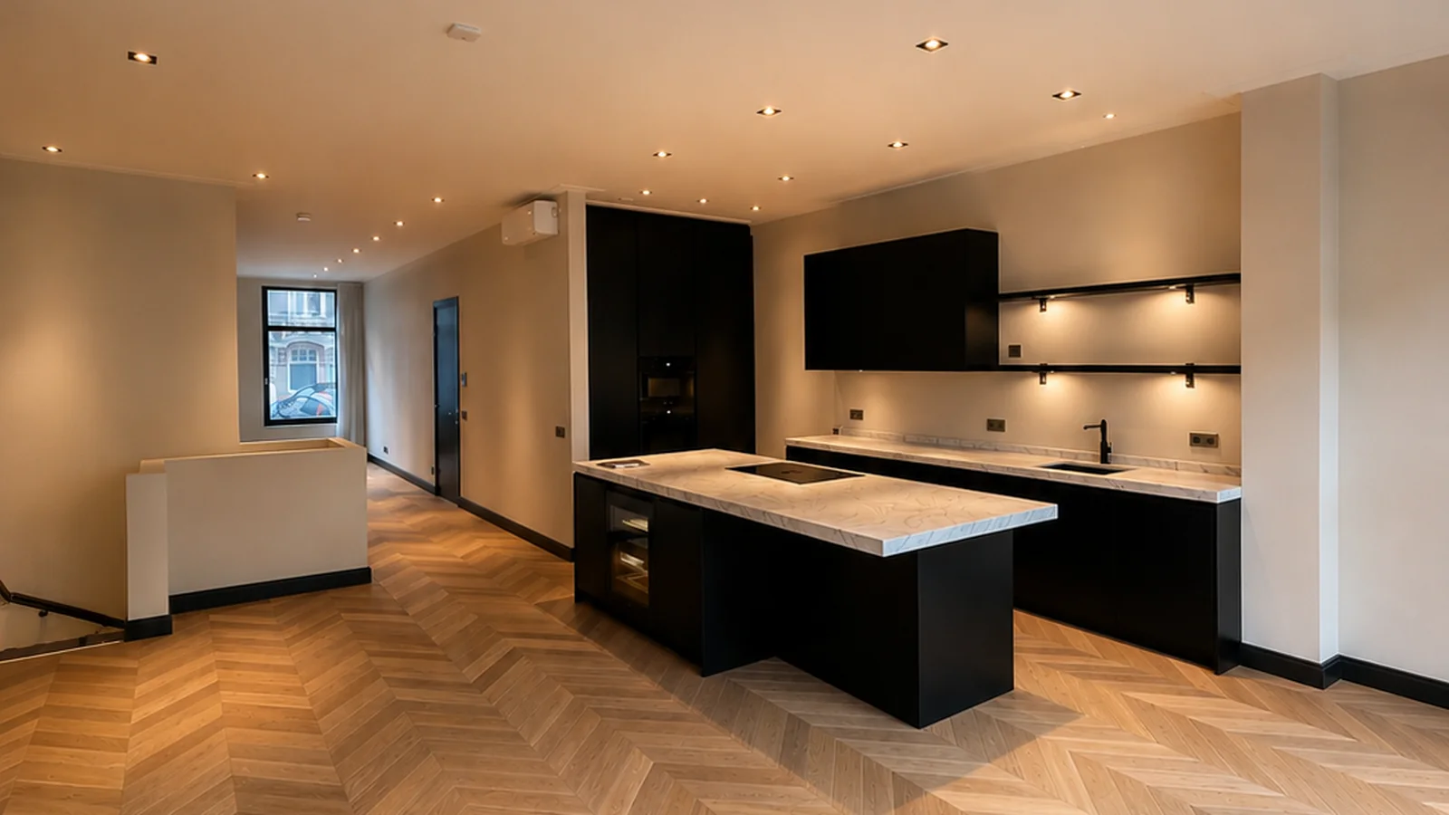 Moderne keuken en woonkamer met LED-inbouwspots en accentverlichting — Donck Elektrotechniek