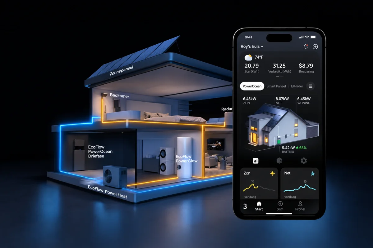 EcoFlow OASIS app toont energie-inzicht van zonnepanelen, thuisbatterij en woningverbruik