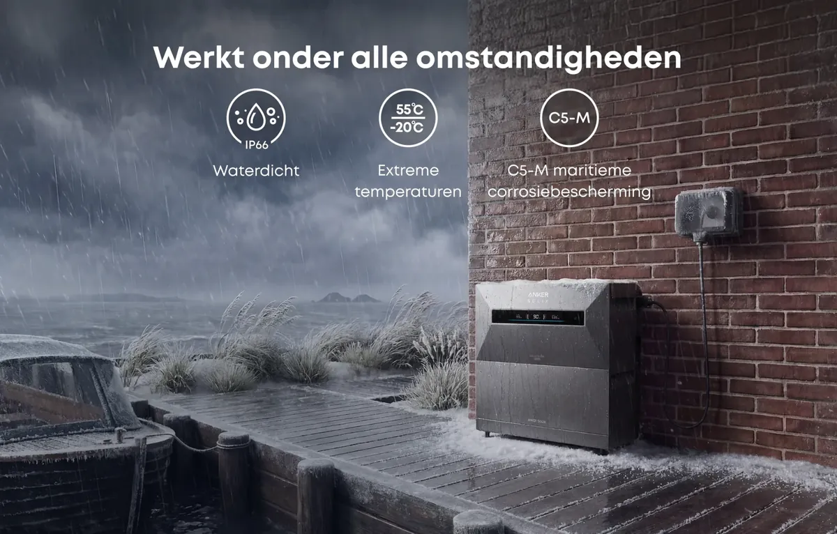 Anker SOLIX thuisbatterij buiten geplaatst tegen een gevel van een woning